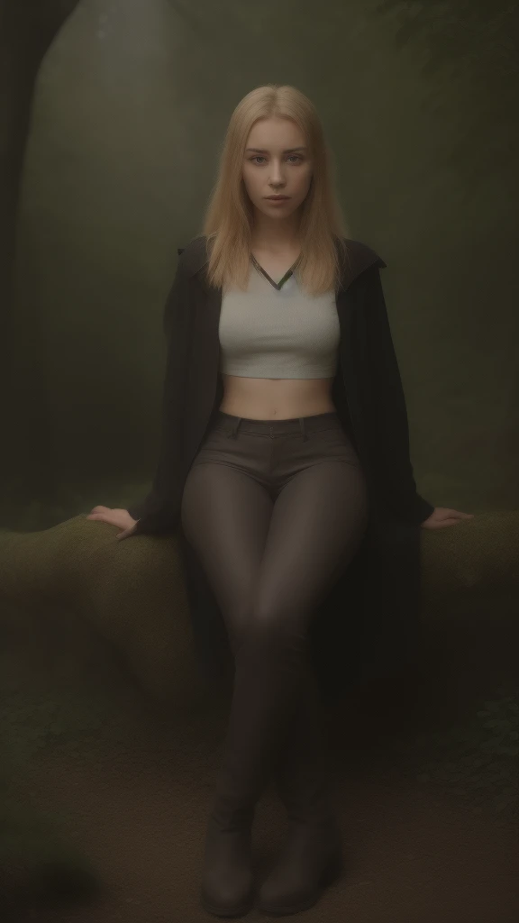 ((Best quality)), ((masterpiece)), (detailed), perfect face, Character for the game, slender elf girl, Golden hair, green eyes, Perfect hands, dark leather top, dark leather pants, gray cloak, leather boots on feet, sitting on a tree branch growing from a tree, short dagger in hand, On the background of a dense forest, night time, full moon