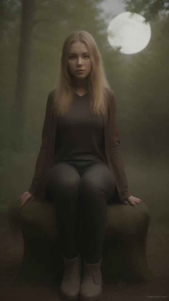 ((Best quality)), ((masterpiece)), (detailed), perfect face, Character for the game, slender elf girl, Golden hair, green eyes, Perfect hands, dark leather top, dark leather pants, gray cloak, leather boots on feet, sitting on a tree branch growing from a tree, short dagger in hand, On the background of a dense forest, night time, full moon