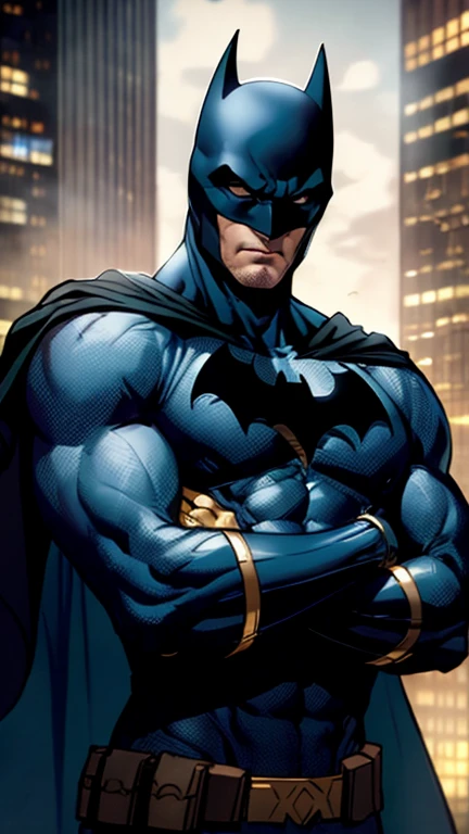 1boy, batman, abs, bara, black hair, blue bodysuit, blue eyes, bodysuit, cape,  gauntlet, helmet, mask, closed mouth, crossed arms, large pectorals, male focus, muscular, muscular male, pectoral lift, pectorals, black cape, short hair, outdoors, skyscrapers, solo, superhero, upper body , ((masterpiece))