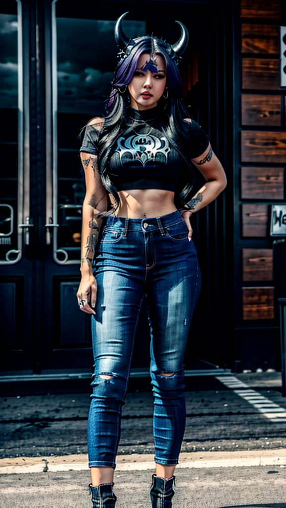 Loona hellhound from helluva boss wearing tight jeans and a crop top