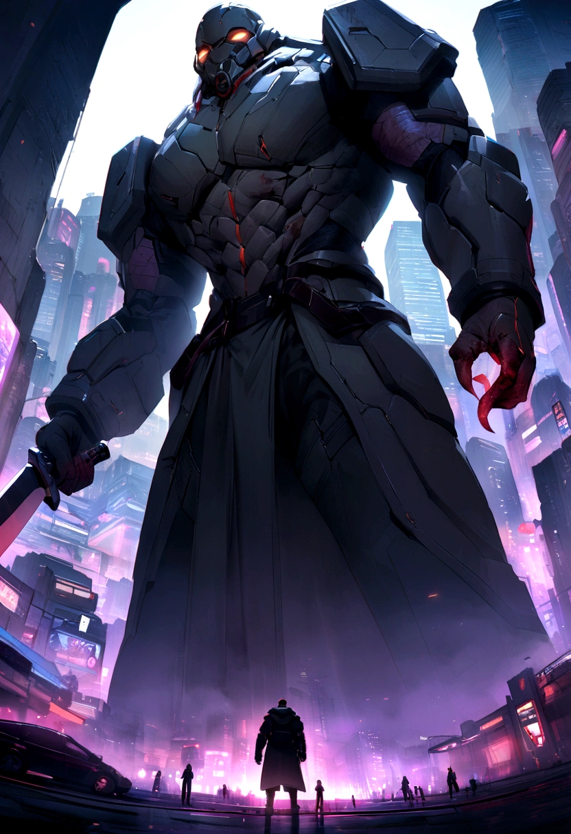 Cyberpunk-city，Chinese male full body front，The characters in the background are clear and no background blur is allowed.，High background brightness，Holding a long knife with blood in hand，in a panoramic view，