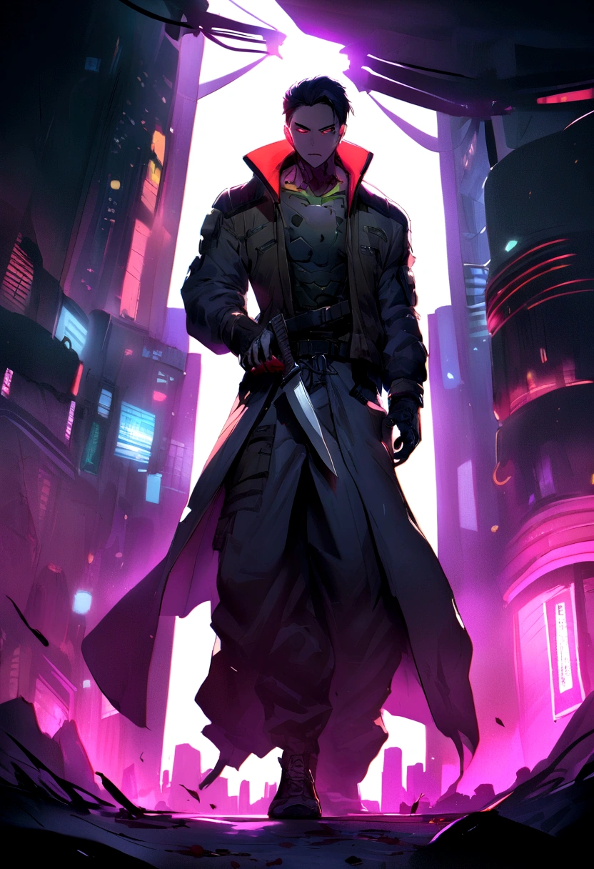 Cyberpunk-city,Chinese male full body front,The characters in the background are clear and no background blur is allowed.,High background brightness,Holding a long knife with blood in hand,in a panoramic view,