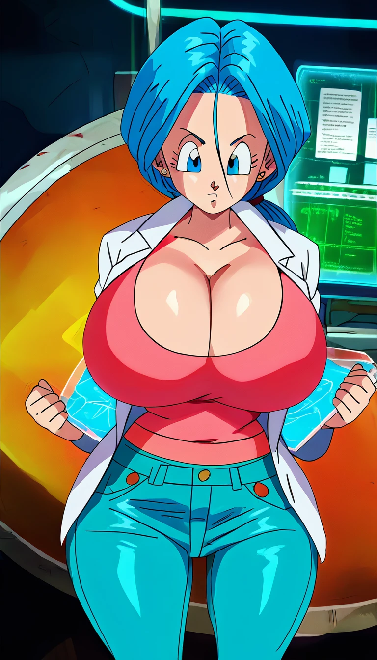 source_anime, score_9, score_8_up, score_7_up, huge breasts,8k, absurd res, bulma, future, blue hair, ponytail, low ponytail, blue eyes, lab coat, pink shirt, jeans,S2Z0n1c21.5XL style,