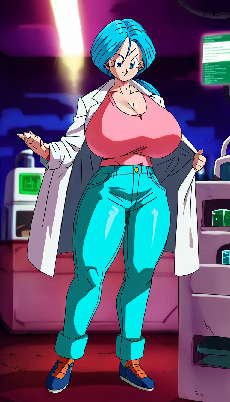 source_anime, score_9, score_8_up, score_7_up, huge breasts,8k, absurd res, bulma, future, blue hair, ponytail, low ponytail, blue eyes, lab coat, pink shirt, jeans,S2Z0n1c21.5XL style,