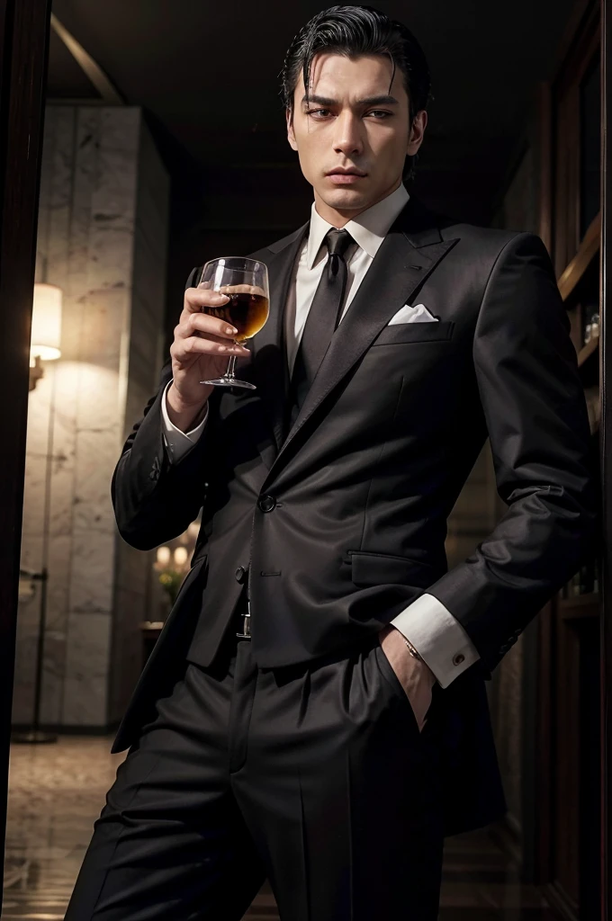 man, tall and fit, as mafia boss, with a glass of whiskey in one hand, in completely black suit, with short black hair, while sexy modeling, in different positions.