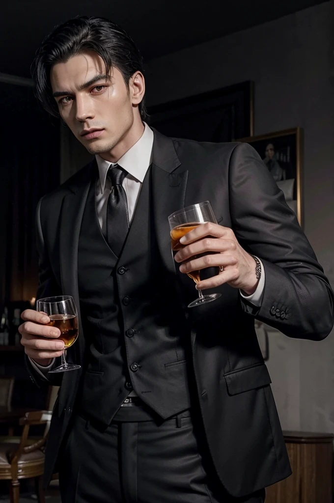 man, tall and fit, as mafia boss, with a glass of whiskey in one hand, in completely black suit, with short black hair, while sexy modeling, in different positions.