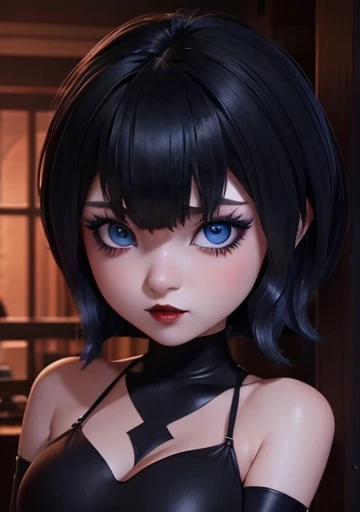  chibi girl, Blue eyes ,big breast makeup gothic red lipstick looking at viewer stunning bare shoulders 