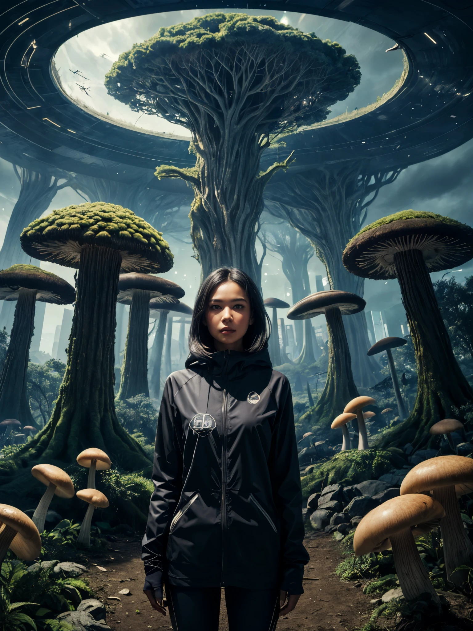 1girl, surrounded by towering mushrooms and twisted trees, glowing alien cityscape background, extraterrestial visitors, unreal science fiction world, beautiful girl, brown skin, platinum black hair, black eyes, cold-faced,