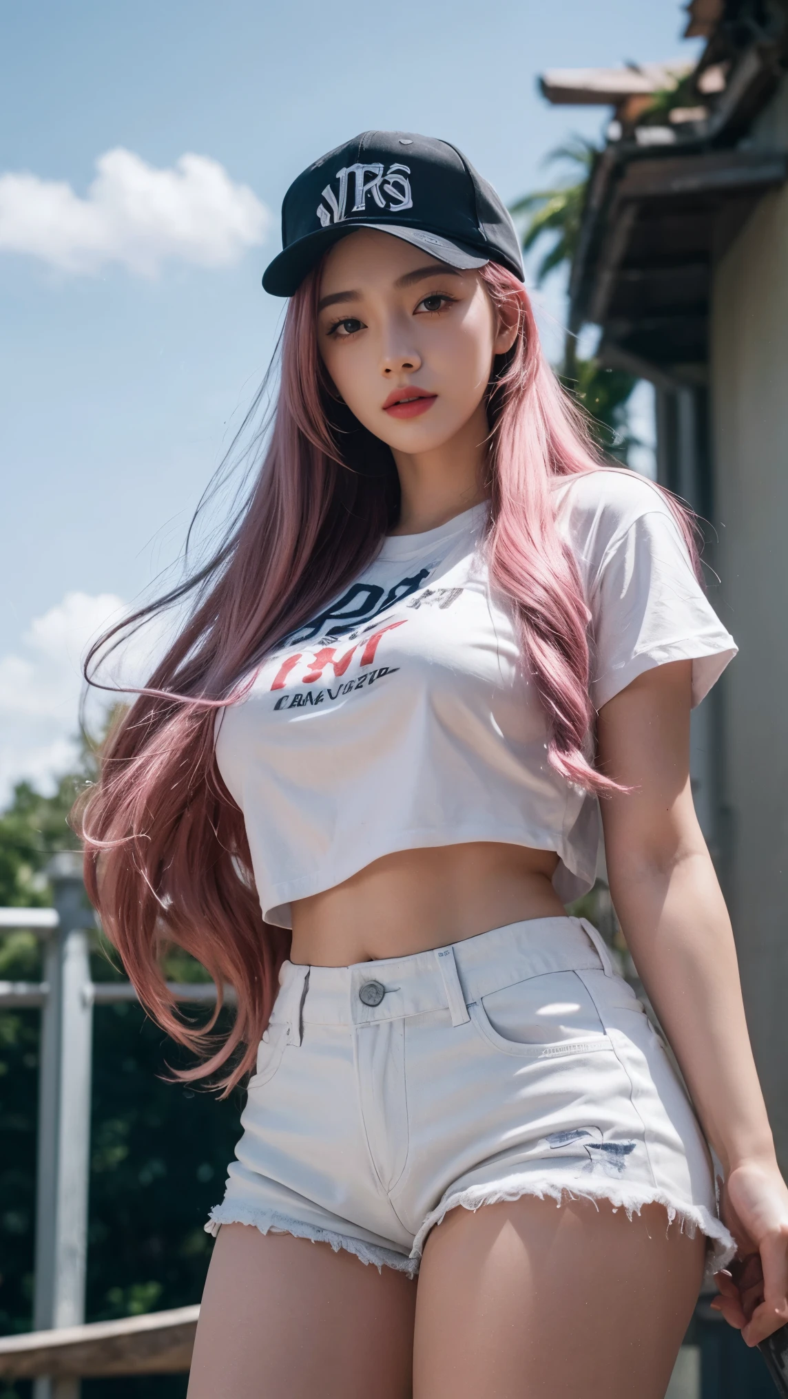 (masterpiece, best quality, 1girl, solo, intricate details, chromatic aberration), realistic, ((medium breath)),long hair, pink hair, red head ornament, pink highlights, hair over one eye,purple eyes, earrings, sharp eyes, choker, neon shirt, open jacket, crop top, (symmetry eyes),(perfect symmetrical body),against wall, brick wall, graffiti, dim lighting, alley ,look at viewer