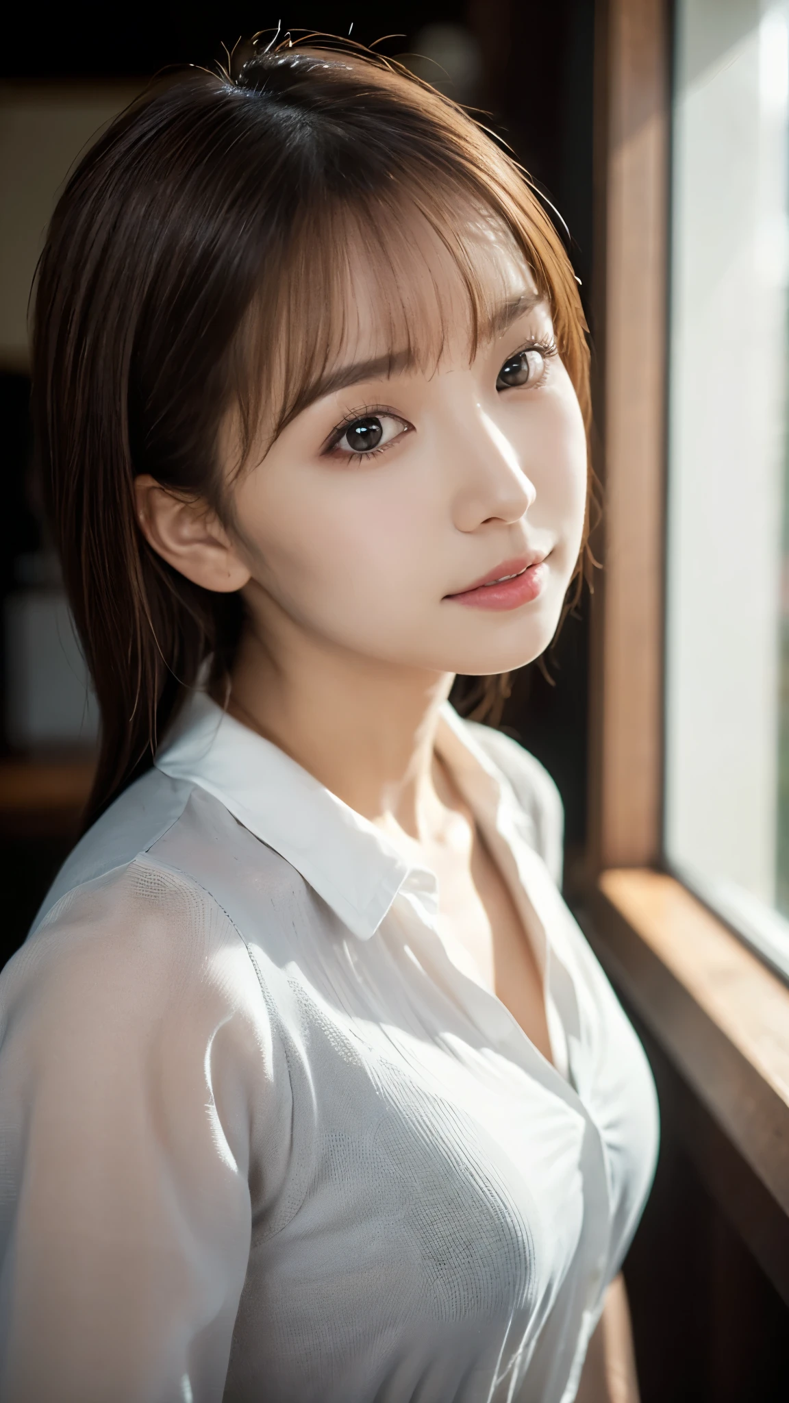(masterpiece:1.2),(Highest quality:1.2),(Very detailed:1.3),(High resolution:1.2),(Photorealistic Stick),(RAW Photos),8K,Shooting indoors,Cinema Lighting,a close up of a woman with a white shirt on posing for a picture,Soft portrait shots,Beautiful Japanese Women,Gorgeous face portrait,Eye light,Sharp pupils,Very beautiful face,Beautiful portrait,A lovely and delicate face,Beautiful young Japanese woman,Random hairstyle,Look this way,(Depth of written boundary),(Cinema Lighting),(front),((From above)),(POV shot),(cheerful)