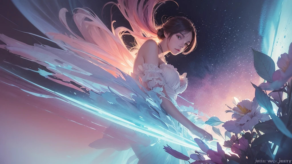 32k, Masterpiece, Highest quality, One girl, Detailed eyes, flower,Alstroemeria, Pink and light blue style,A dreamy, romantic piece,Pale yellow, Mysterious Leaves,A playful arrangement,Fantasy,High Contrast,Ink strokes,explosion,Exposure, Impression of pink and light blue tones,Abstract,((Watercolours by John Berkey and Jeremy Mann )) Brush strokes,Negative Space, Tyndall effect,