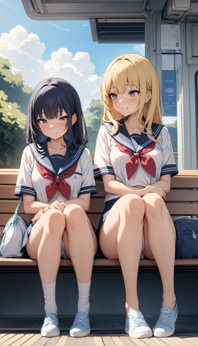((Highest quality)), ((masterpiece)), (detailed), Two schoolgirls、Sitting on a bench at an unmanned station waiting for the train、chat、fun、Sailor suit、summer、morning、refreshing、morning焼け、