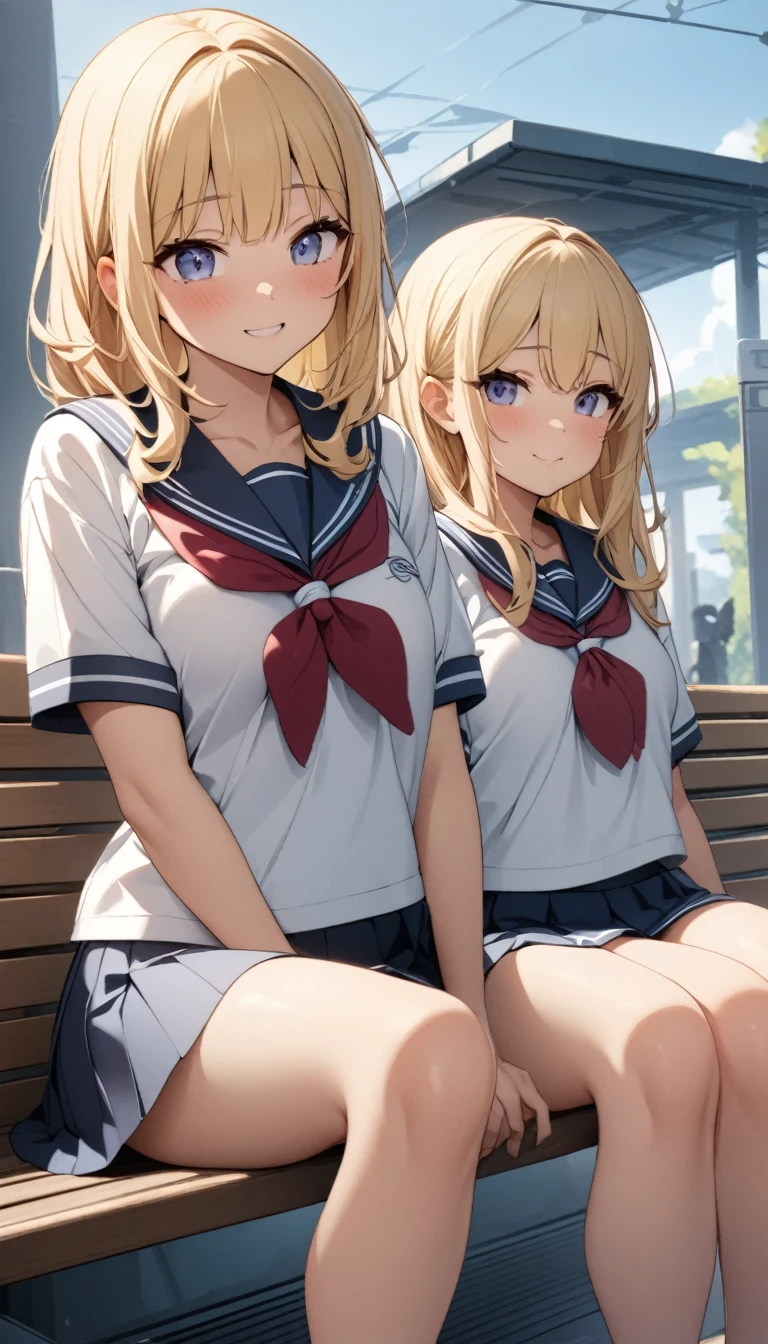 ((Highest quality)), ((masterpiece)), (detailed), Two girls、Sitting on a bench at an unmanned station waiting for the train、chat、fun、Sailor suit、summer、morning、refreshing、morning焼け、