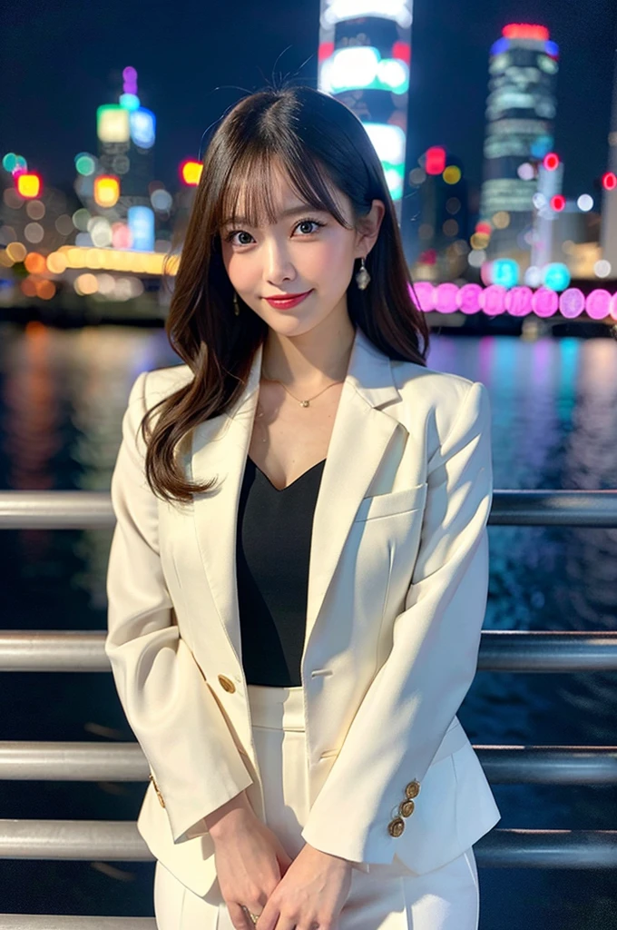 RAW Photos),(Highest quality), (photoRealistic),(Simple white background:1.2), ,,girl, Upper Body, A face with attention to detail, smile, High waisted pants with a silk blouse and structured blazer, Creates a sophisticated and powerful appearance, Hong Kong Victoria Harbour at night,Sparkling light reflected on the water surface,Shining skyscrapers line both sides of the harbor,Twinkling lights dotting the city skyline,Colorful laser beams across the sky,(Highest quality,4K,8K,High resolution,masterpiece:1.2),Super detailed,Realistic:1.37) Soft shadows and highlights,Impressive depth of field and sharp focus,High resolution,超High resolution,Studio Lighting,Physically Based Rendering,Vibrant colors,Vibrant atmosphere,Bokeh Information