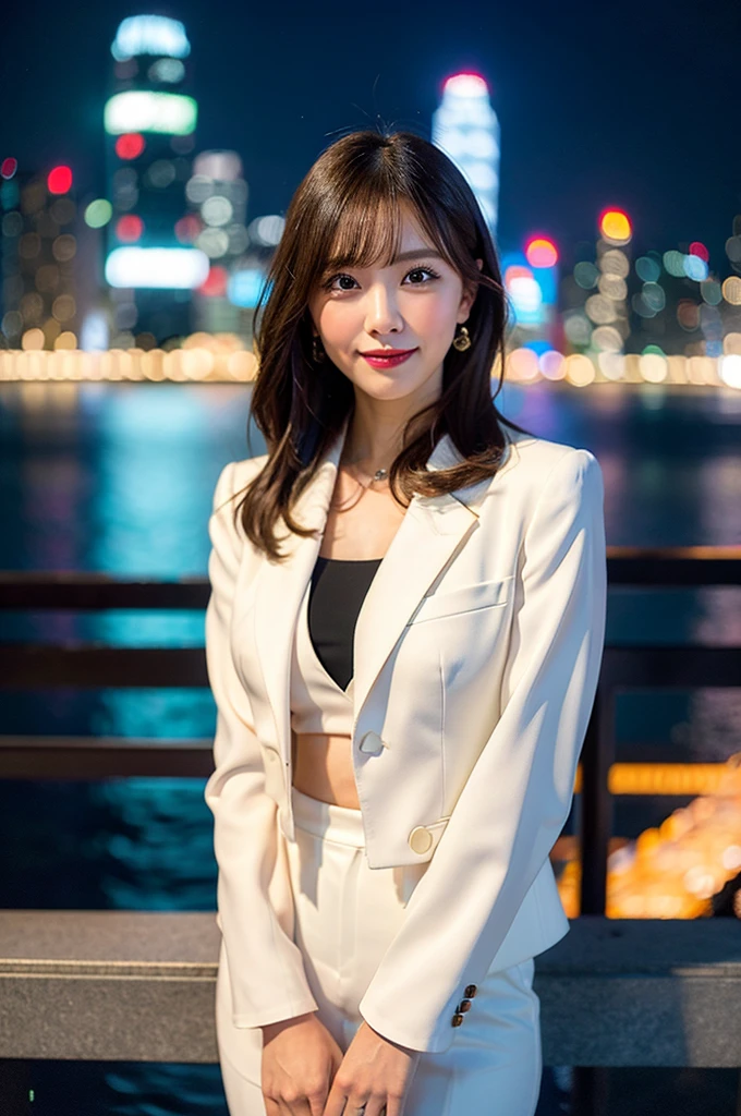 RAW Photos),(Highest quality), (photoRealistic),(Simple white background:1.2), ,,girl, Upper Body, A face with attention to detail, smile, High waisted pants with a silk blouse and structured blazer, Creates a sophisticated and powerful appearance, Hong Kong Victoria Harbour at night,Sparkling light reflected on the water surface,Shining skyscrapers line both sides of the harbor,Twinkling lights dotting the city skyline,Colorful laser beams across the sky,(Highest quality,4K,8K,High resolution,masterpiece:1.2),Super detailed,Realistic:1.37) Soft shadows and highlights,Impressive depth of field and sharp focus,High resolution,超High resolution,Studio Lighting,Physically Based Rendering,Vibrant colors,Vibrant atmosphere,Bokeh Information
