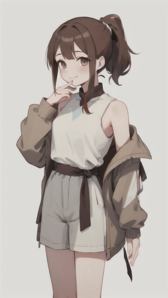 Her shoulder-length brown hair is tied up in a ponytail。Her gentle smile is characteristic、Casual dressed woman、(White background.Full Color.The eyes are clear、Are standing。27 talents）