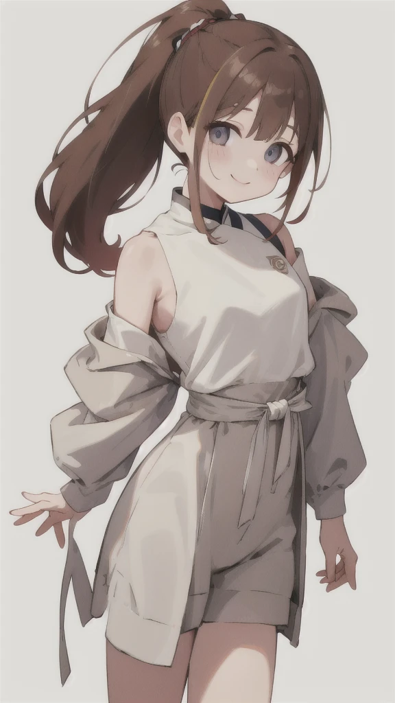 Her shoulder-length brown hair is tied up in a ponytail。Her gentle smile is characteristic、Casual dressed woman、(White background.Full Color.The eyes are clear、Are standing。27 talents）