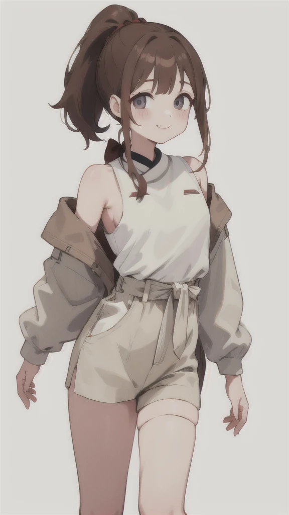 Her shoulder-length brown hair is tied up in a ponytail。Her gentle smile is characteristic、Casual dressed woman、(White background.Full Color.The eyes are clear、Are standing。27 talents）