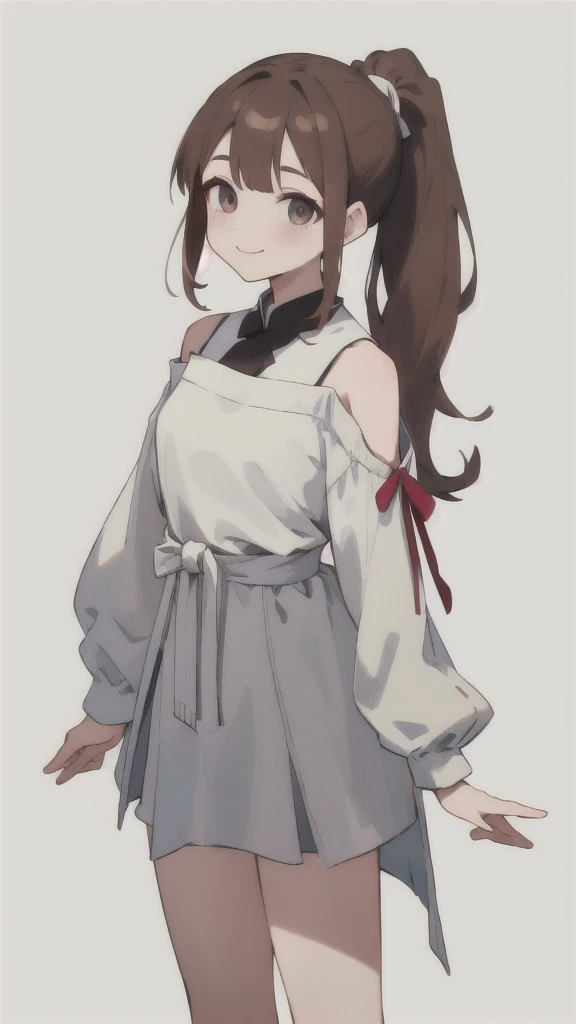 Her shoulder-length brown hair is tied up in a ponytail。Her gentle smile is characteristic、Casual dressed woman、(White background.Full Color.The eyes are clear、Are standing。27 talents）