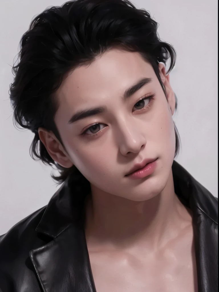 Taehyung BTS, Eyes red, hair style "mullet", with a serious look and flexed eyebrows