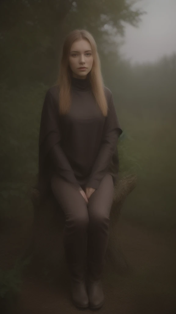 ((Best quality)), ((masterpiece)), (detailed), perfect face, Character for the game, slender elf girl, Golden hair, green eyes, Perfect hands, dark leather top, dark leather pants, gray cloak, leather boots on feet, sitting on a tree branch growing from a tree, short dagger in hand, On the background of a dense forest, night time, full moon