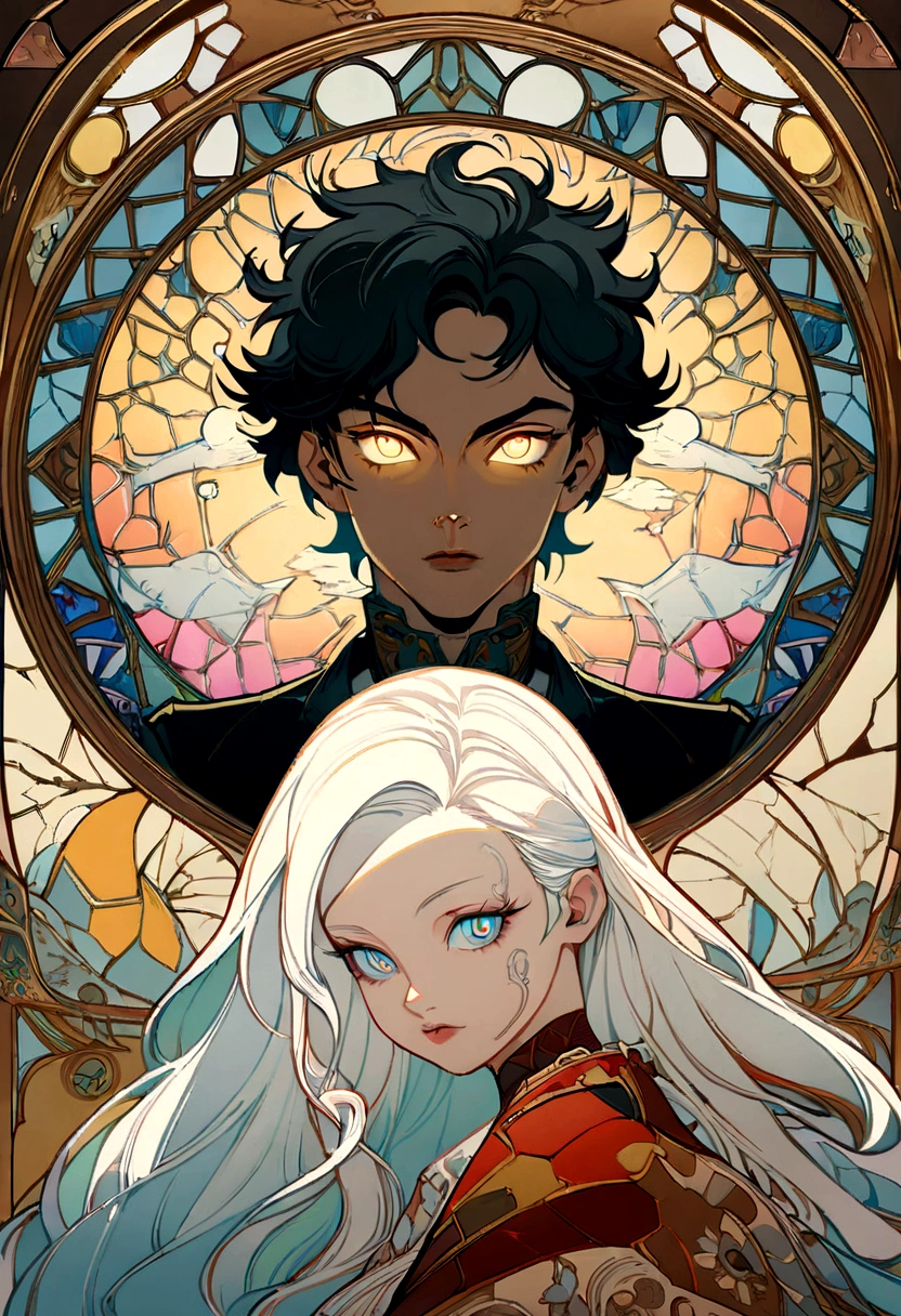 Retro-Futuristic, Art Nouveau, Cyberpunk, double exposure. Two parts in one art. Detailed splatter digital painting , lines art,  acrylic, dynamic on a cracked paper, close up. Cyberdemonic old male white-haired Santa and Snow maiden woman close together, portrait, detailed demon face, dynamic pose, light on face shadow play, perfect face, sharp  glowing eyes, in the style of James Jean, Craola, Andy Kehoe, Dorian Vallejo, Damian Lechoszest, Todd Lockwood, DamShelma, stained glass,  storybook illustration, unusual beautiful details, intricated, tiny details masterpiece, high quality, intricated lighting, luminism, 