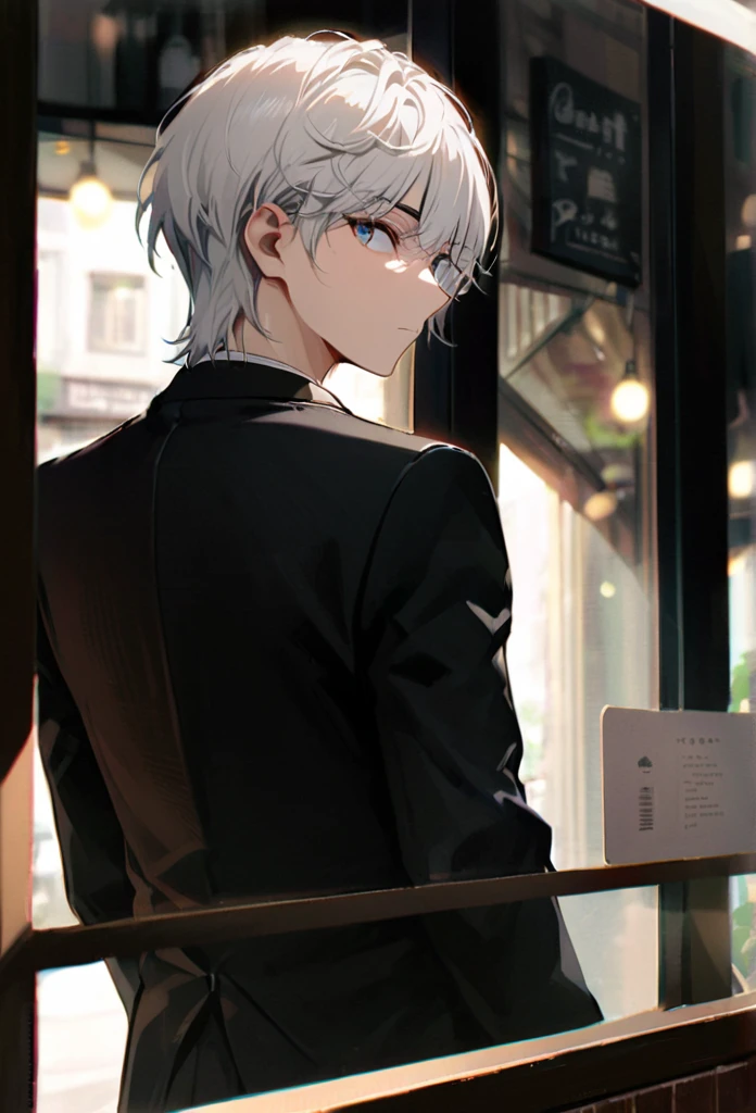 Half body portrait of a young man , white short hair, blue eyes, wears an all black suit. Stand and look back. Look back. Half-body image. Look back. cafe window background ,detailed