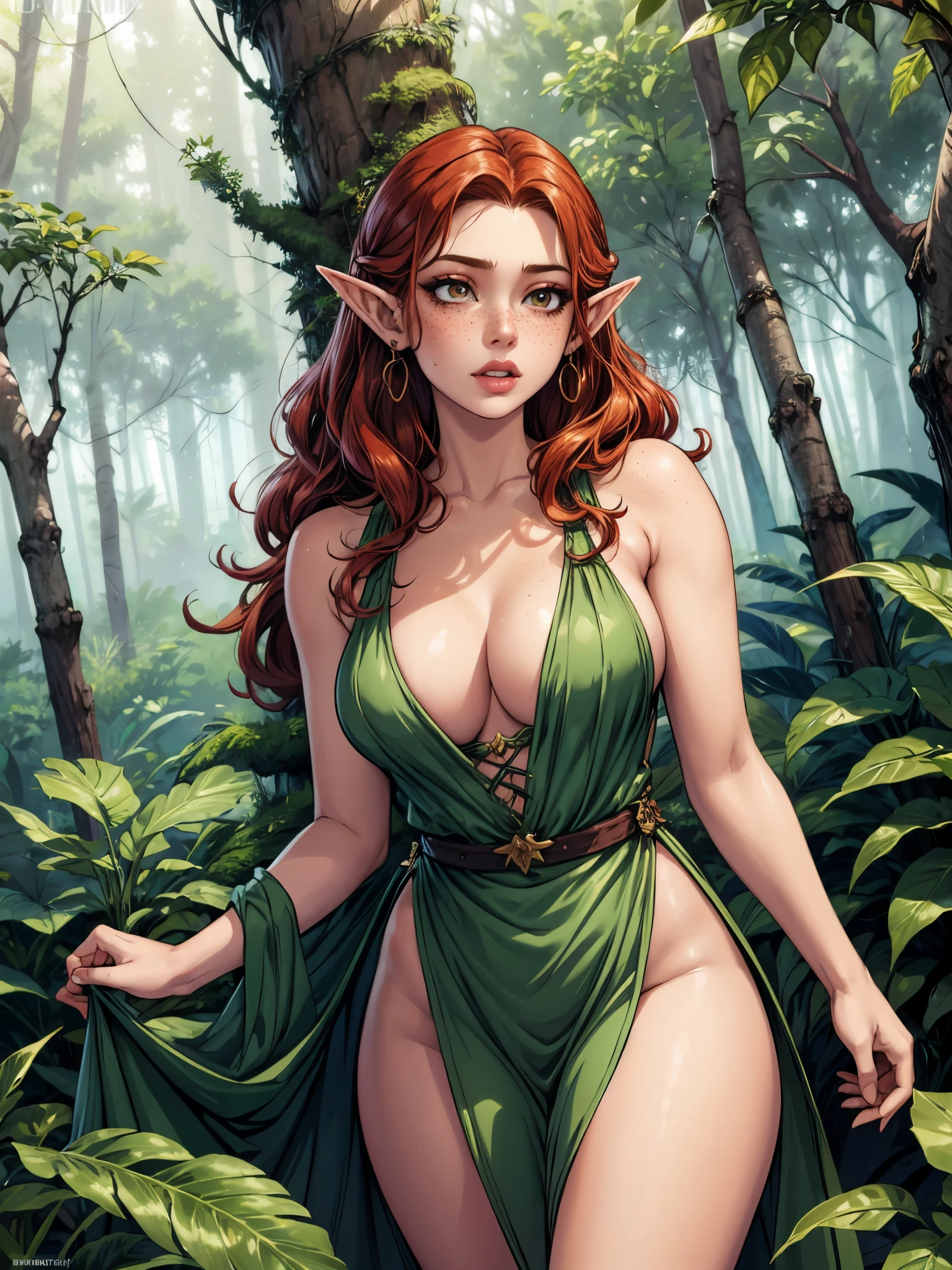 1girl, elf, earrings, forest, flowers, natural lighting, masterpiece, highly detailed, illustration, game CG, absurdres, high quality, medium breasts, redhead, long curly hair, freckles, glossy lips,walking ina forest, cleavage, erotic fantasy, Boris Vallejo, dress made from leaves, skimpy, sultry look, seductive