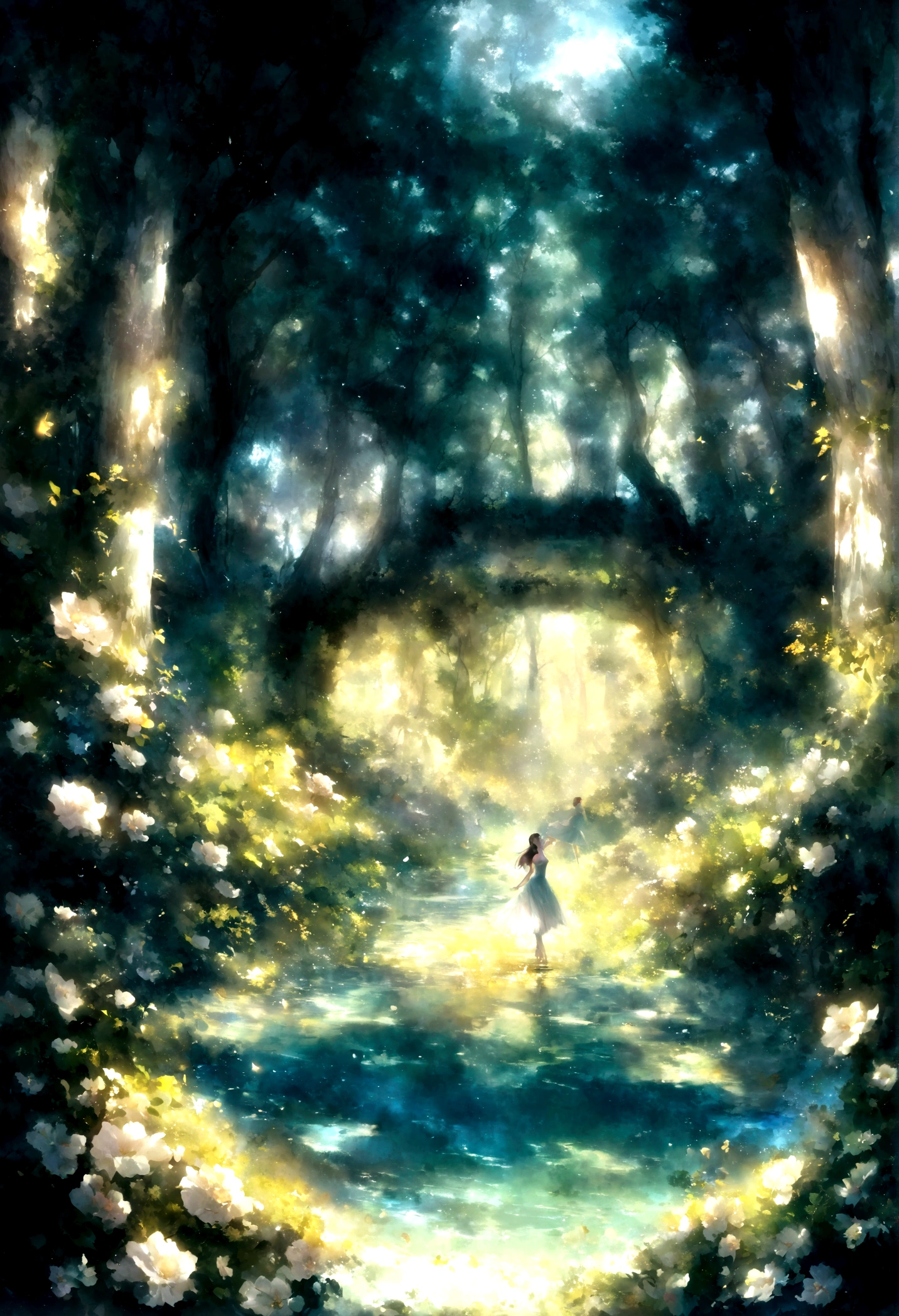 Wind景, no one, Cloud, night, Wind, cool, in the forest, Brilliantly, The zigzag road leads to an old house in the distance, Ballerina is dancing、Lots of trees, There is a small lake reflecting the moonlight., Shining Light, Pure, Rational and logical layout, harmonious colors,Flying candies and musical notes、High resolution, clear.