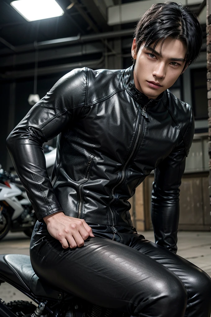 man, with motorcycle suit, model, high, with muscular body, with short black hair,  modeling.