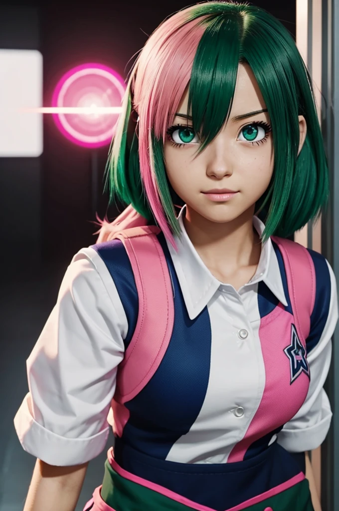 Screenshot of my hero academia. Girl with straight green hair has bright pink eyes with class 1-A behind her and the UA uniform