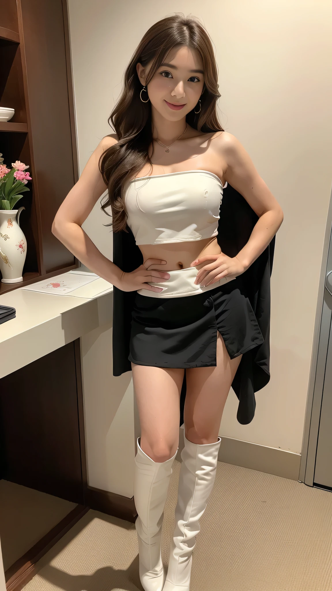 （Brown layered wavy hair）,Heavy makeup、(18 year old,two females,Japanese):1.2、8K,  smile,tall：1.4、a small face、Nikon Z 85mm, ((Best Quality)) ,((masterpiece)), intricate detailes, Professional, Realistic, Photorealistic、 ((Strapless,Baretop midriff,Sexy ))：1.2、（Walking in the park）:1.2, large earring、（White Stretch knee boots with high stiletto heels、Pointed toe）：1.2、Full body shot