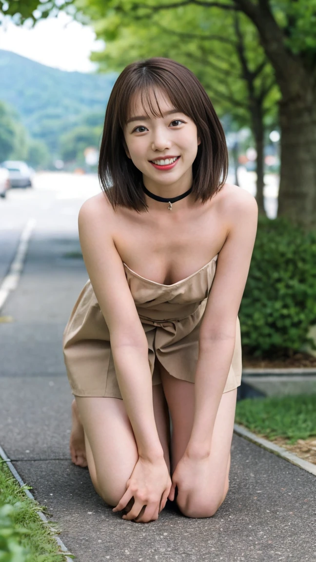 a woman posing on the street corner with light blue dress on, best quality, 1girl, large breasts, day, bright, blur background, bokeh, outdoor, (street:0.8), (naked: 1.5), gorgeous, (short hair, forehead:1.2), beautiful detailed sky, earrings, (dynamic pose:1.2), (upper body:0.8), soft lighting, wind, shiny skin, smile, 