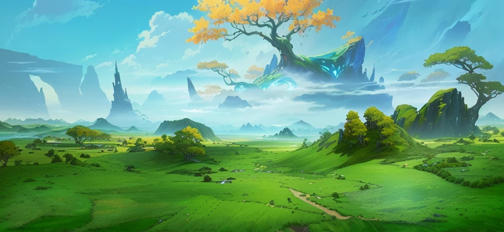 There is a painting,The painting is a green field,There is a tree in the middle, background technology, 2D Game Art Background, background technologywork, Game Background, Avatar Landscape, Magic battlefield background, Island Background, Fantasy Background, mobile Game Background, videoGame Background, Concept Art. Epic Landscapes, Anime Landscape, Magic battlefield background, scenery game Concept Art, Sky forest background