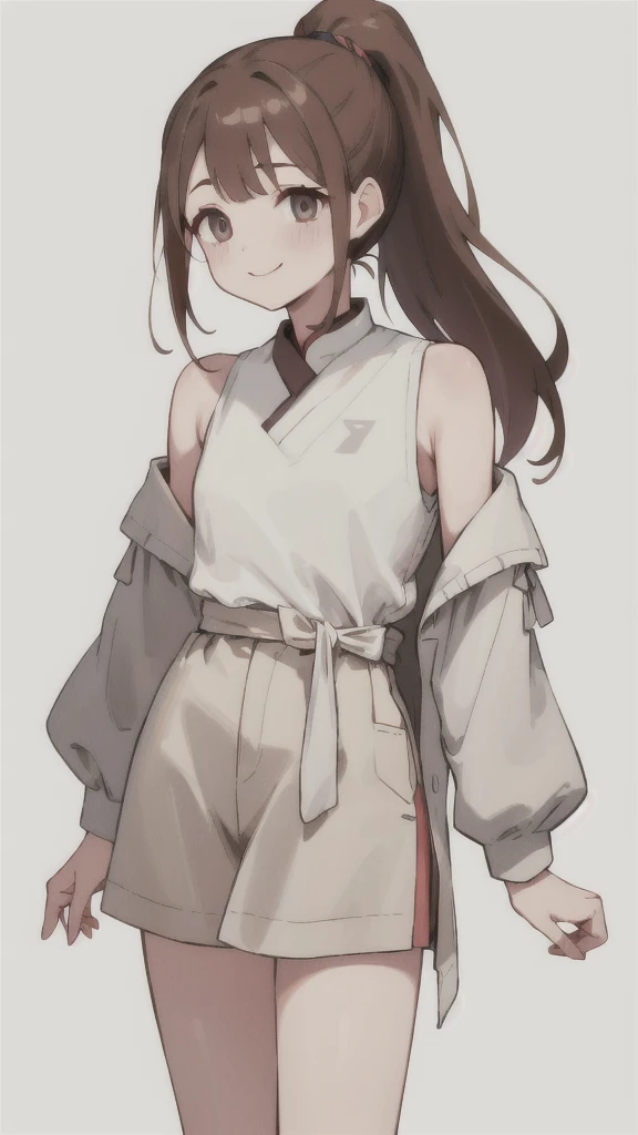 Her shoulder-length brown hair is tied up in a ponytail。Her gentle smile is characteristic、Casual dressed woman、(White background.Full Color.The eyes are clear、Are standing。27 talents）