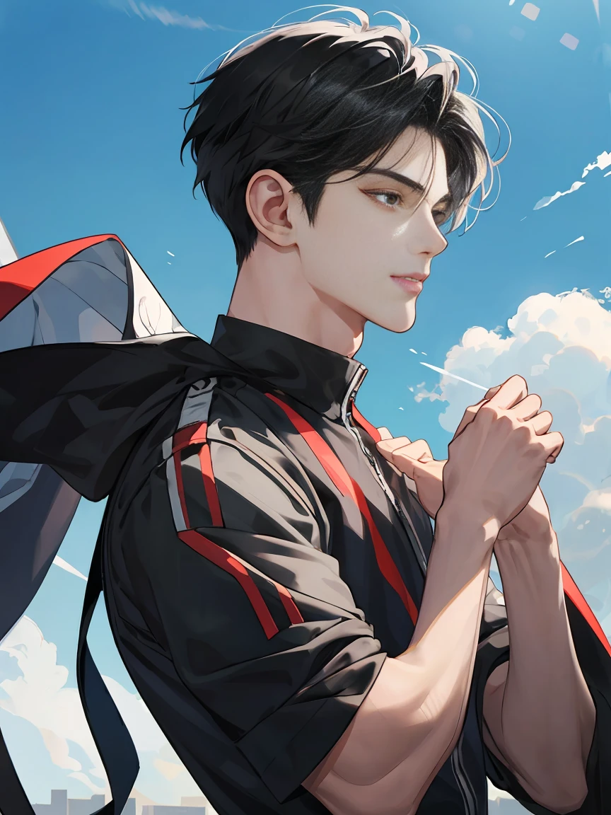 modern, under a clear blue sky, anime style, chiaroscuro, UHD, masterpiece, anatomically correct, textured skin, high details, super detail, best quality, (extreamly delicate and beautiful:1.2), 8K, (tmasterpiece, best:1.0), ((A boy with very short black hair)), short black Quiff hair with Soft Fringe, bangs part on side 5:5 ratio, wearing a loose black sleeve, thin, (sports style), displaying a sly smile, Korean illustration style.