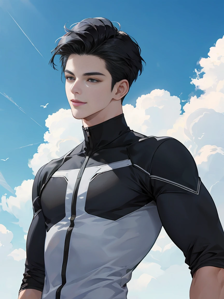 modern, under a clear blue sky, anime style, chiaroscuro, UHD, masterpiece, anatomically correct, textured skin, high details, super detail, best quality, (extreamly delicate and beautiful:1.2), 8K, (tmasterpiece, best:1.0), ((A boy with very short black hair)), short black Quiff hair with Soft Fringe, bangs part on side 5:5 ratio, wearing a loose black sleeve, thin, (sports style), displaying a sly smile, Korean illustration style.