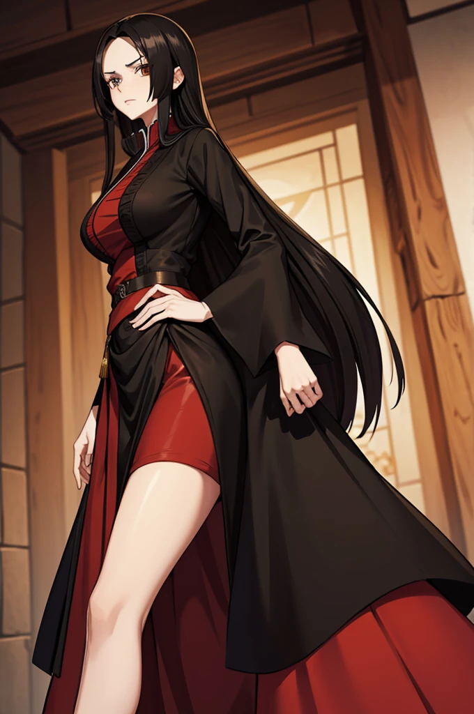 Tall long haired woman with black cape and red skirt clothes 