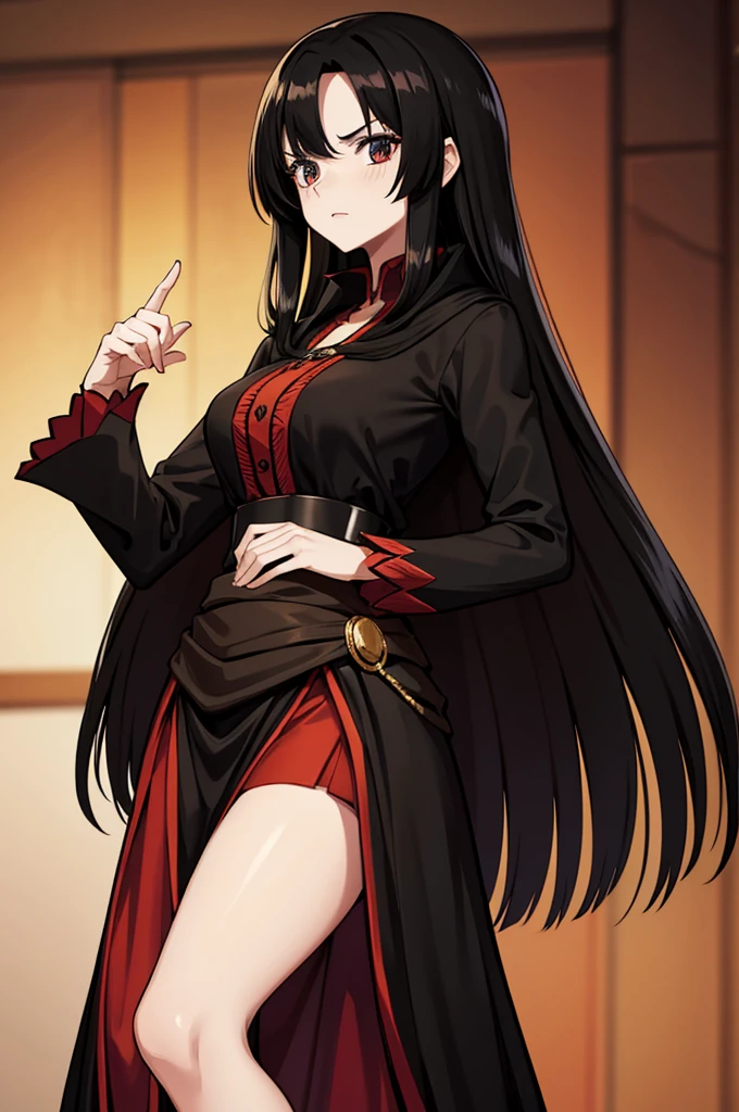Tall long haired woman with black cape and red skirt clothes 