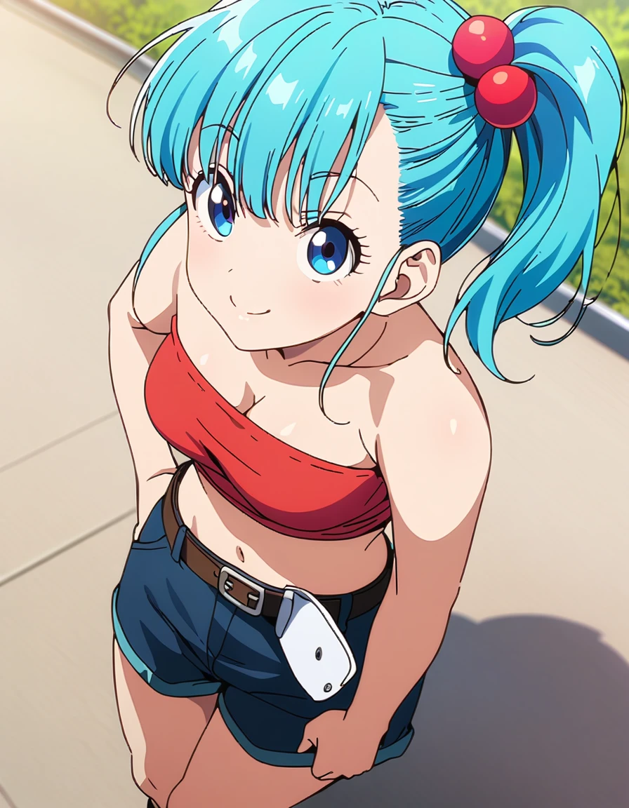 score_9, score_8_up, score_7_up, BREAK from above:1 ,,(standing),,1girl,bulma, blue eyes, blue hair,bare shoulders, belt, cleavage, hair bobbles, hair ornament, hair over shoulder,medium breast,midriff, navel, one side up, red tube top, shorts,ass, side ponytail, (strapless, tube top,under_boob:1),looking at viewer,facial expression,smile,masterpiece, best quality,  detailed body, highly detailed, anime coloring.anime,[anime_screencap:0.8] , highly detailed,
