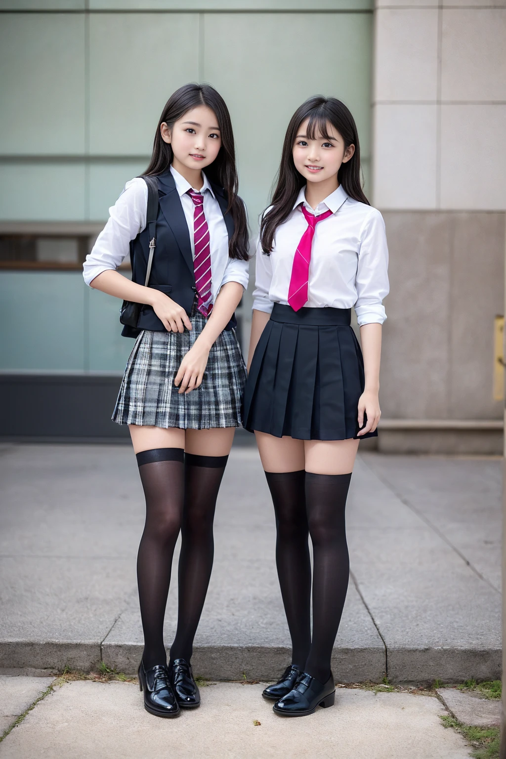 (Realisticな紺色ブレザーの制服を着用しています), ((High school girls always wear black stockings.)), (8K), (Highest quality: 1.2), (Realistic: 1.2), Ultra-high resolution, Very detailed, Golden Ratio, (RAW Photos:1.1), (Two high school girls are standing facing this way.),((Full body portrait)), (Wide thighs),Japanese high school girls, 19 years old, Detailed skin, Enako&#39;s face, Super cute face, (F Cup Big:1.3), Cleavage, Put your hands on your hips, (Realisticな紺色ブレザーの制服を着用しています:1.7), (Winter uniforms), (The pleated mini skirt is very short:1.4), (Wide thighsと長い脚:1.3), ((Wide thighs)), ((Shiny black stockings:1.3)), ((High school girls always wear black stockings.)), (Wearing high heel loafers)