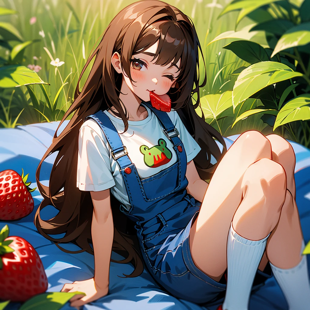 Light-skinned girl with long brown hair, fringe and a red bow on the back of her head, wearing blue dungarees with a white short-sleeved T-shirt with blue shorts and knee-high socks, eyes closed, red shoes in the background on a strawberry field with red cheeks eating a strawberry with a picnic blanket with eyes closed with a frog next to it 