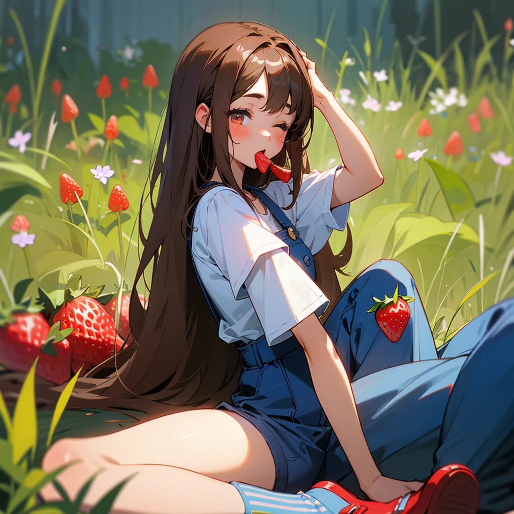 Light-skinned girl with long brown hair, fringe and a red bow on the back of her head, wearing blue dungarees with a white short-sleeved T-shirt with blue shorts and knee-high socks, eyes closed, red shoes in the background on a strawberry field with red cheeks eating a strawberry with a picnic blanket with eyes closed with a frog next to it