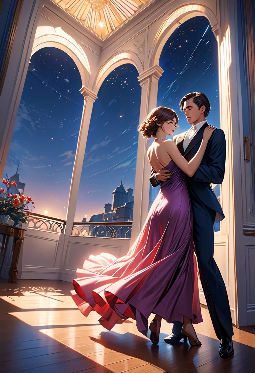 (best quality,8k,masterpiece:1.2),ultra-detailed,(realistic,photorealistic,photo-realistic:1.37),digital art, concept art, natural lighting, a man and woman dancing tango, art deco ballroom, 1920s, Outside the window is a balcony. a narrow french window with an arched top leads out to the balcony.,man facing forward, woman facing away from viewer, dancing the tango, woman is wearing a purple long dress with slit, she has her right leg out to the side, exposing her thigh., Outside is dark, small stars are shining in (the dark blue sky:1.3), (dimly lit room:1.2), and shadows are cast on the eye sockets, making it impossible to read their expressions, detailed facial features, beautiful dress, formal attire, natural lighting, warm color palette,