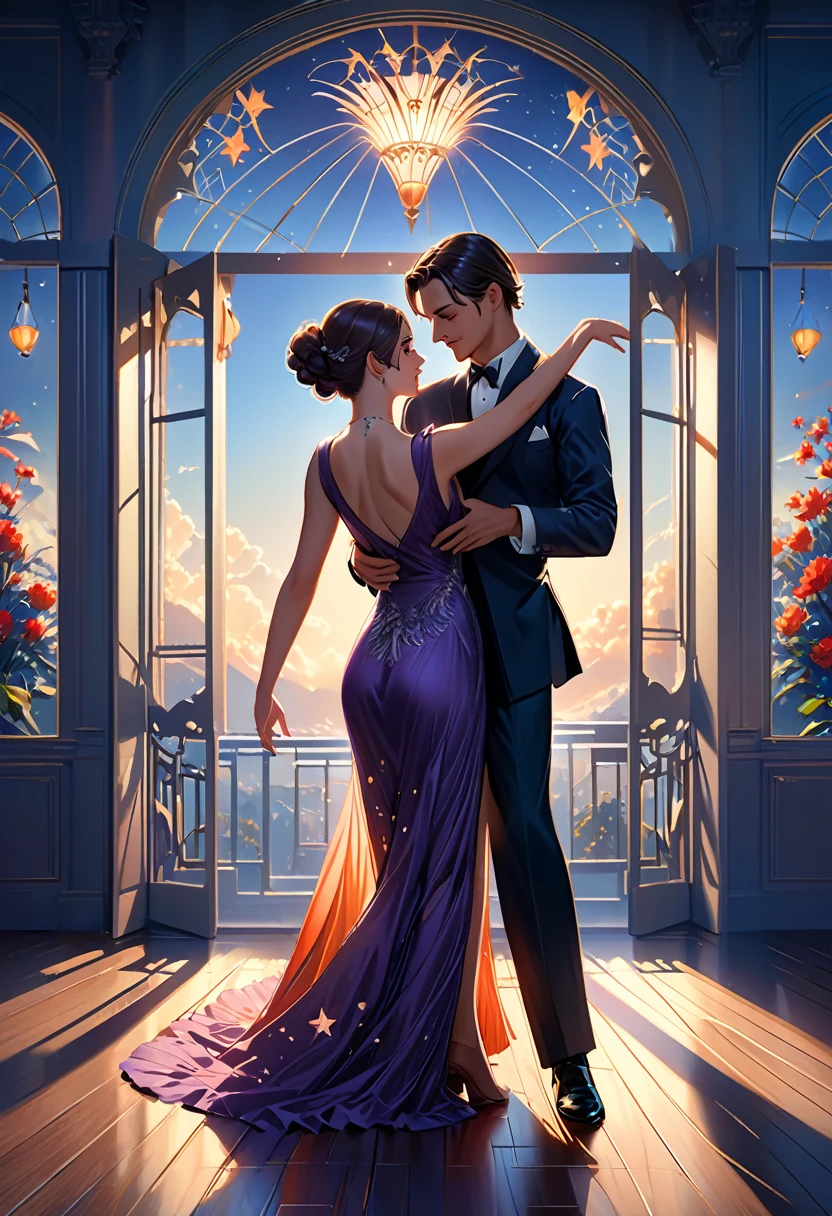 (best quality,8k,masterpiece:1.2),ultra-detailed,(realistic,photorealistic,photo-realistic:1.37),digital art, concept art, natural lighting, a man and woman dancing tango, art deco ballroom, 1920s, Outside the window is a balcony. a narrow french window with an arched top leads out to the balcony.,man facing forward, woman facing away from viewer, dancing the tango, woman is wearing a purple long dress with slit, she has her right leg out to the side, exposing her thigh., Outside is dark, small stars are shining in (the dark blue sky:1.3), (dimly lit room:1.2), and shadows are cast on the eye sockets, making it impossible to read their expressions, detailed facial features, beautiful dress, formal attire, natural lighting, warm color palette,