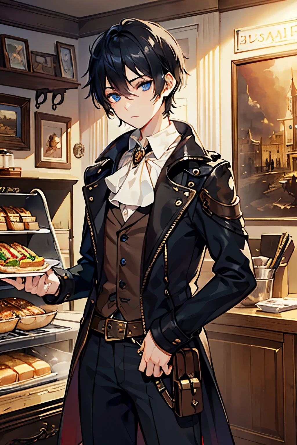 Prompt: (masterpiece), best quality, expressive eyes, perfect face,(((boy))),black hair,blue eyes,very short hair, fantasy, steampunk,cafe,eat a sandwich, coffee,