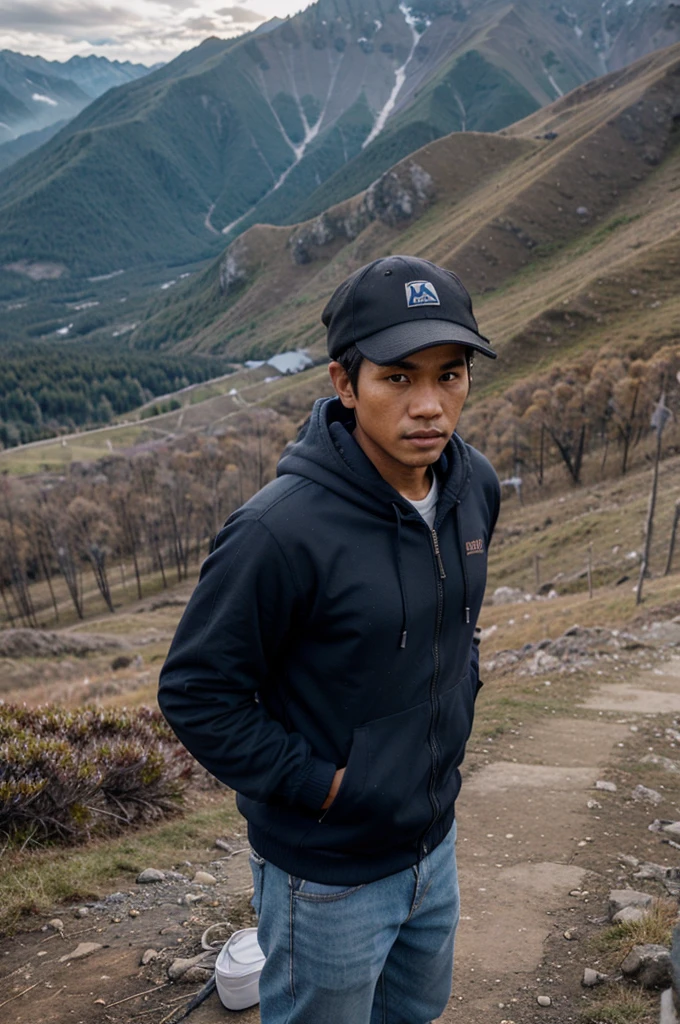 Indonesian man, 30 years old, clean face, Brown skin, wear a hat, dark blue hoodie jacket, backpack, standing on the top of the mountain, distant mountain background, white clouds, realistic, full HD