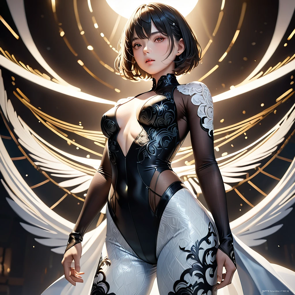 (Beautiful woman、One girl、Bodysuits:1.7、Very detailed、Incredibly beautiful、Porcelain-like skin、Short Hair、Narrow waist、、Photorealistic、Very detailed、8K、Highest quality、High resolution、Cinematic lighting、Intricate details、masterpiece)