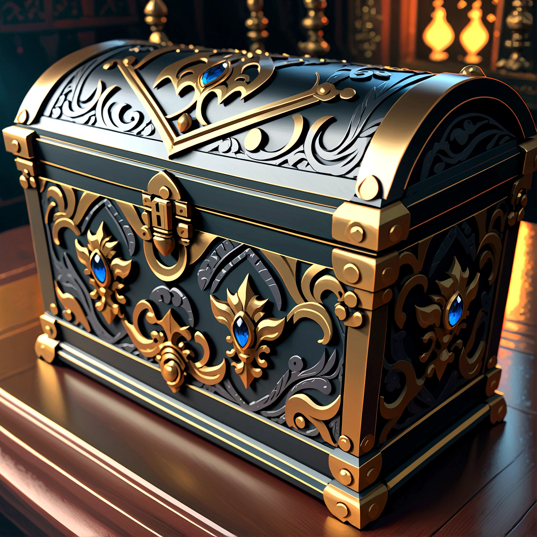 A large, ornate treasure chest with glowing eyes and sharp teeth, detailed metal textures, intricate carved designs, fantasy style, dramatic lighting, dark moody colors, cinematic composition, (best quality,4k,8k,highres,masterpiece:1.2),ultra-detailed,(realistic,photorealistic,photo-realistic:1.37),dramatic lighting,dark moody colors,fantasy,cinematic composition