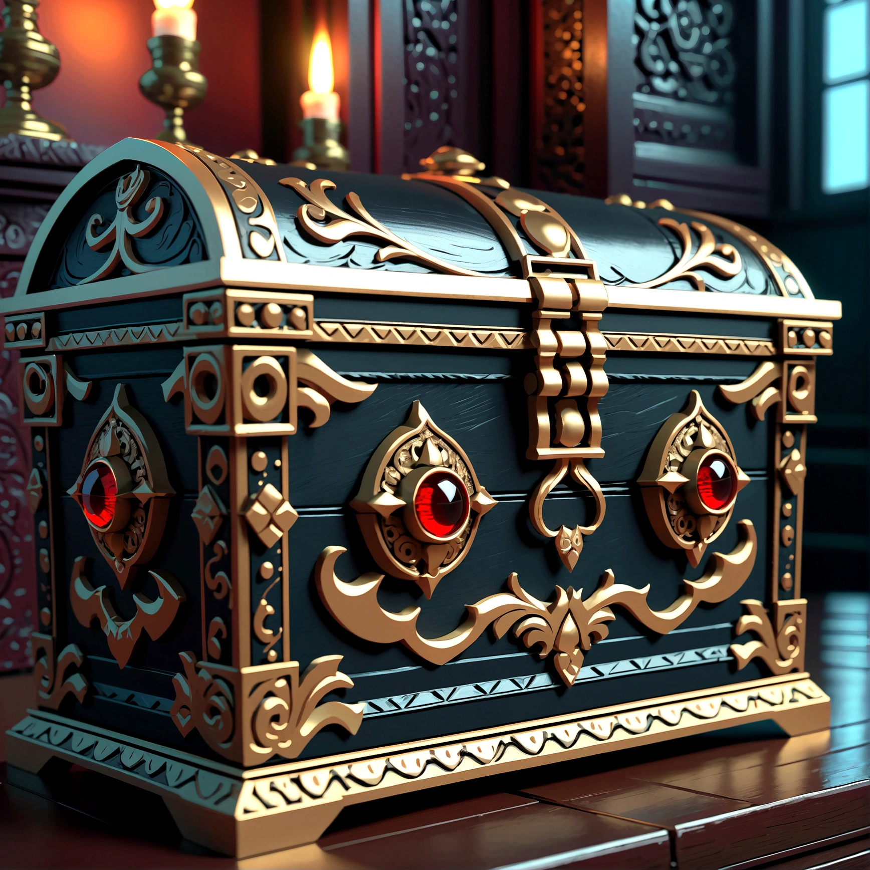 A large, ornate treasure chest with glowing eyes and sharp teeth, detailed metal textures, intricate carved designs, fantasy style, dramatic lighting, dark moody colors, cinematic composition, (best quality,4k,8k,highres,masterpiece:1.2),ultra-detailed,(realistic,photorealistic,photo-realistic:1.37),dramatic lighting,dark moody colors,fantasy,cinematic composition
